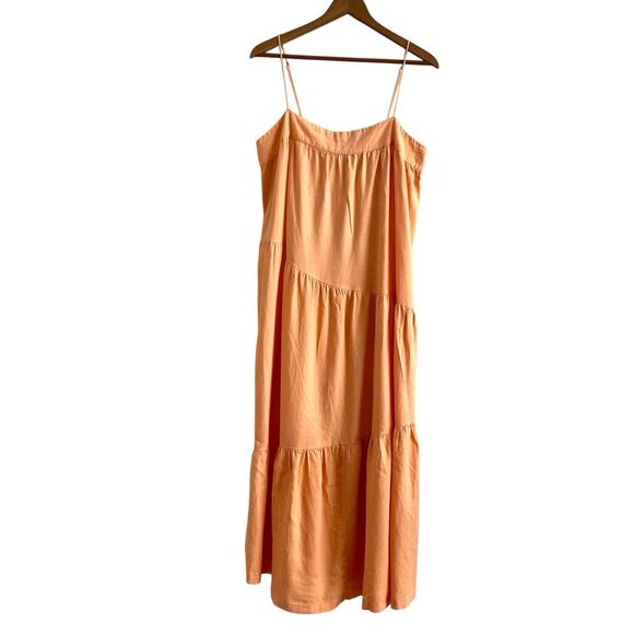 Abercrombie & Fitch L Linen Maxi Dress Coral Boho Tiered Peasant Hippie Sundress - Picture 1 of 10